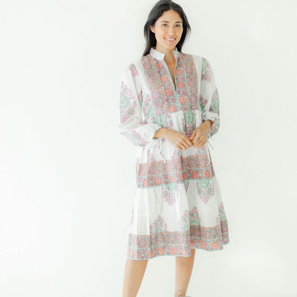 Victoria Dunn White and Multicolor Long Sleeve Dress